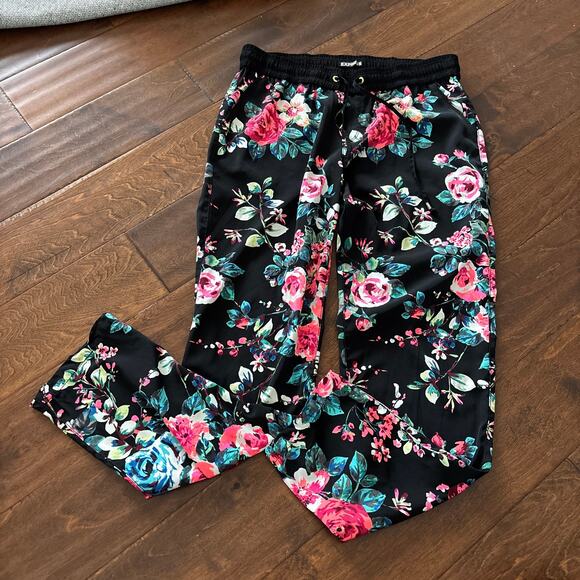 Express Floral Print Pull On Drawstring Wide Leg Pants Black Multi Womens Size S - Picture 1 of 8